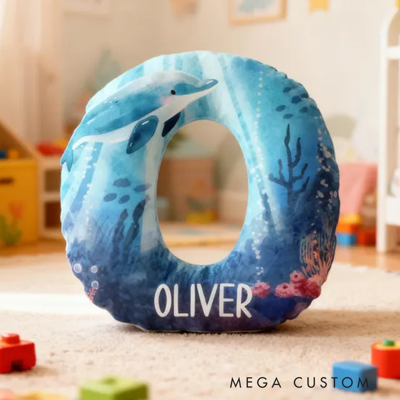 Personalized Dolphin Ocean Letter Name Custom Soft Decorative Gift Sea Adventure Style Blue Underwater Cute Cozy Wave Marine Animal Fantasy Graphic 3D Print Pillow