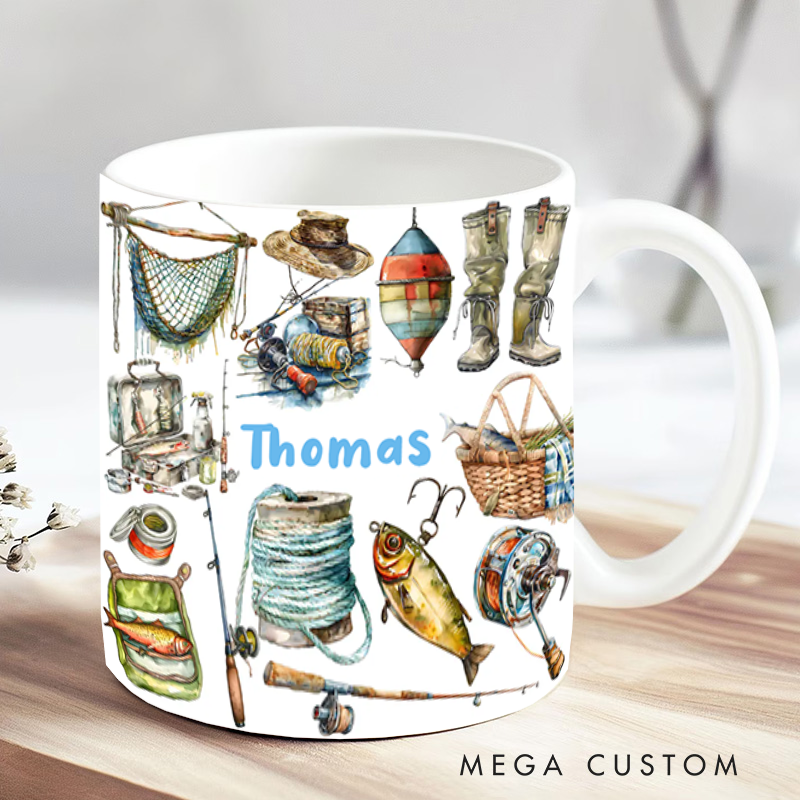 Personalized Fishing Mug Fishing Gear Design Custom Name Perfect Gift for Fishing Lovers Durable Ceramic Coffee Cup for Daily Use