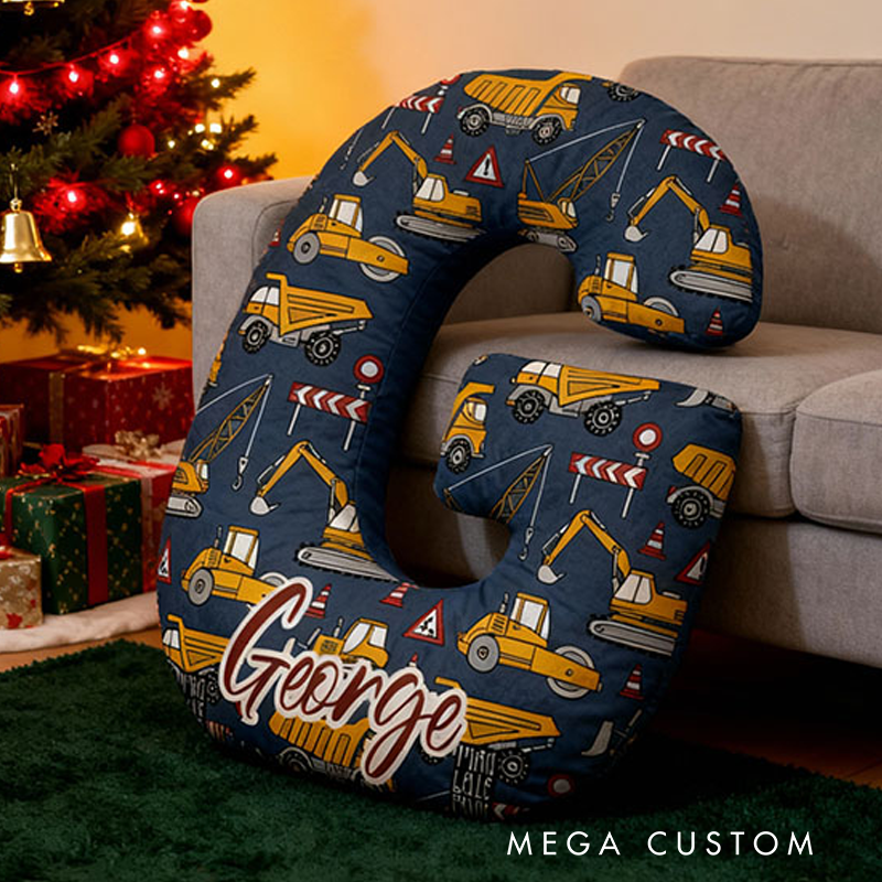Personalized Construction Letter Name Custom Soft Decorative Gift Builder Truck Style Fun Cozy Kid Room Excavator Adventure Yellow Helmet Road Work Graphic 3D Print Pillow