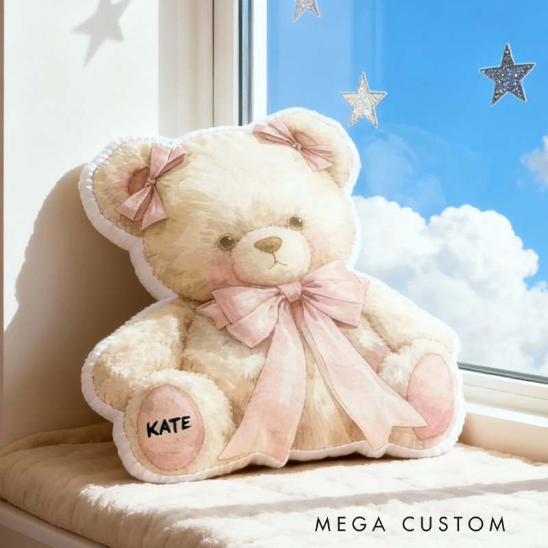 Personalized Teddy Bear Name Custom Soft Decorative Gift Cute Pink Bow Style Cozy Warm Hug Sweet Childhood Memory Plush Friend Lovely Nursery Graphic 3D Print Pillow