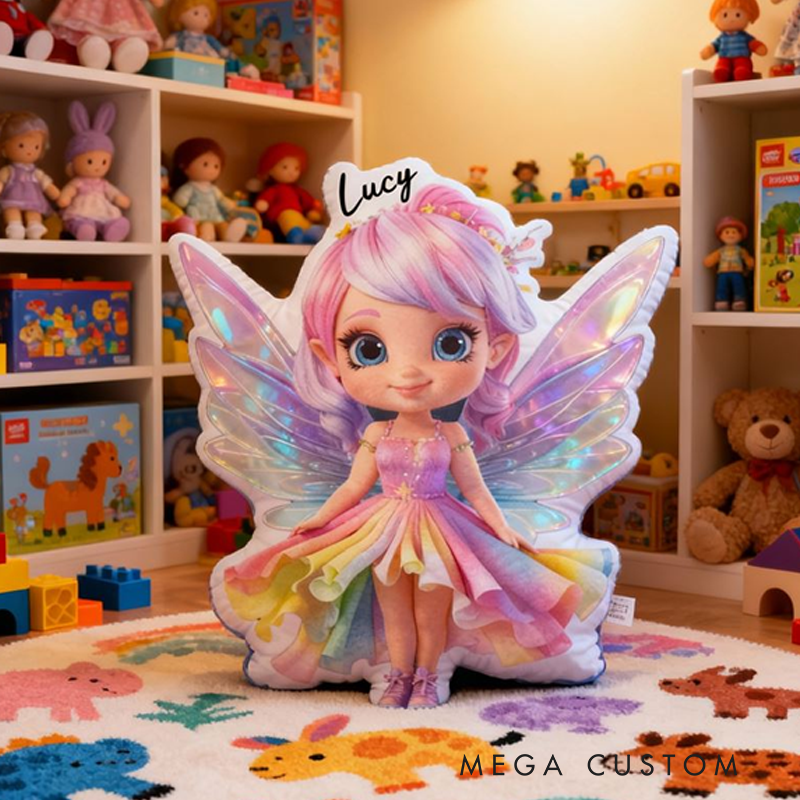 Personalized Fairy Girl Name Custom Soft Decorative Gift Magical Rainbow Style Sparkle Wings Cute Dream Whimsical Fantasy Colorful Cozy Room Decor Graphic 3D Print Pillow