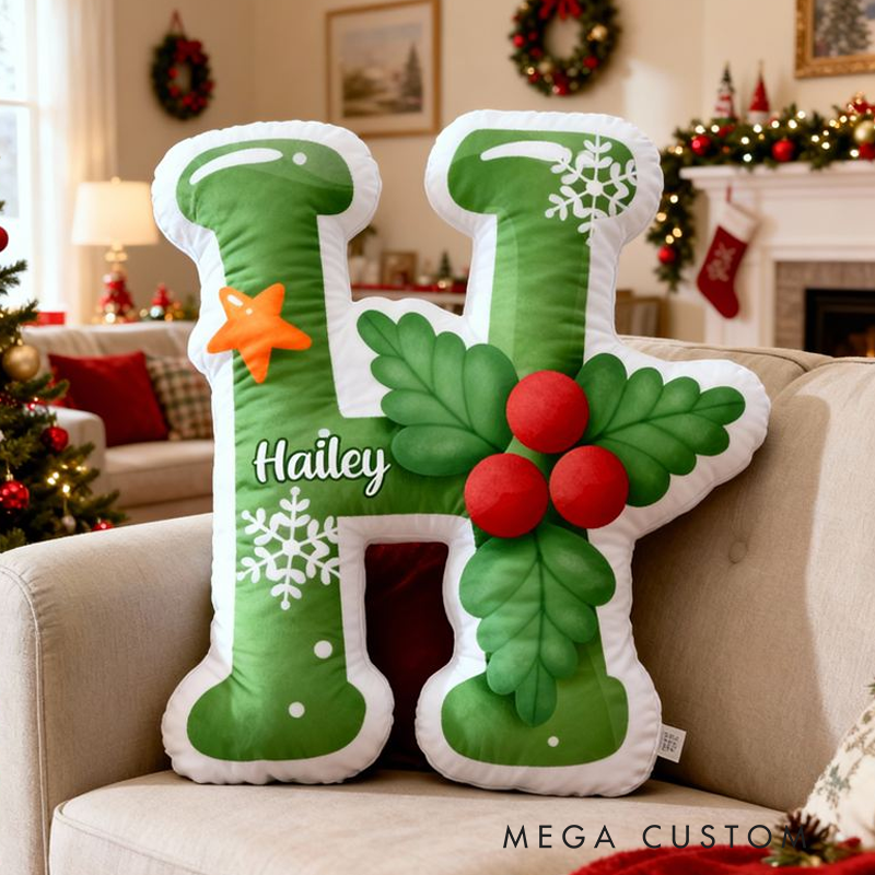 Personalized Merry Christmas Themed Green Initial Pillow For Kids Bedroom Graphic 3D Print Pillow