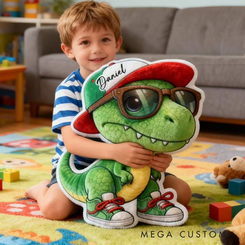Personalized Green T Rex Wearing Red Sneakers And Hat For Boys Bedroom Graphic 3D Print Pillow