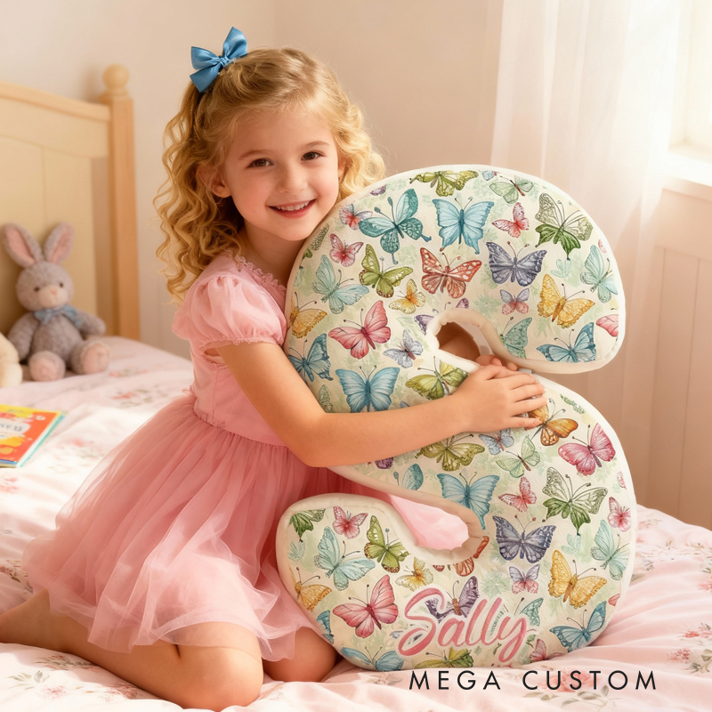 Personalized Butterfly-Patterned Letter with Name Graphic 3D Print Pillow Christmas Gift for Kids or Baby Birthday Gift