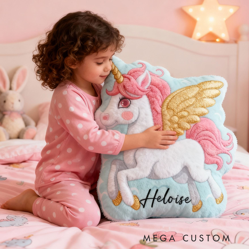 Personalized Flying Dream Horse With Golden Wings And Pink Mane For Kids Room Graphic 3D Print Pillow