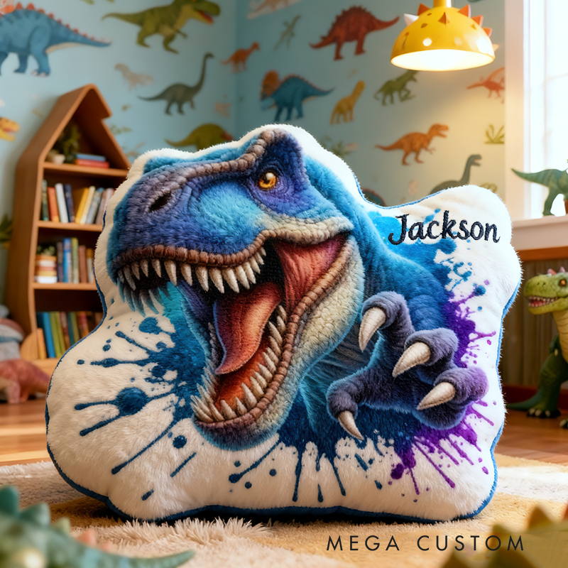 Personalized Blue Raptor Dinosaur Roaring With Splatter Art Kids Room Graphic 3D Print Pillow