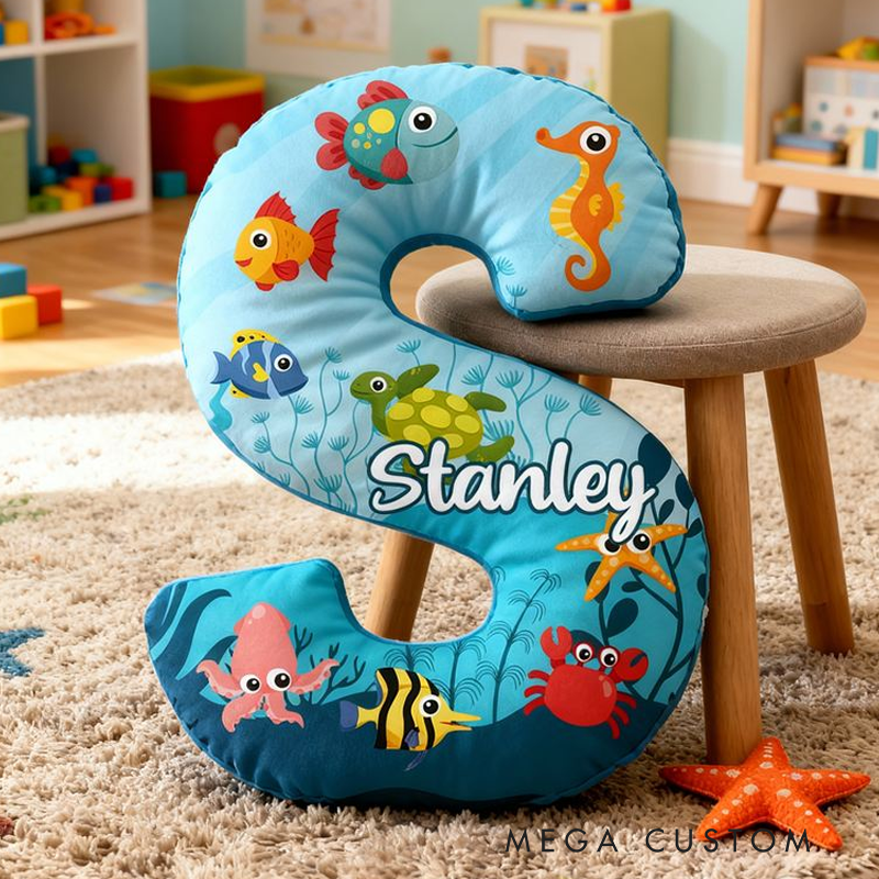 Personalized Ocean Letter Cushion With Colorful Fish And Sea Animals Graphic 3D Print Pillow