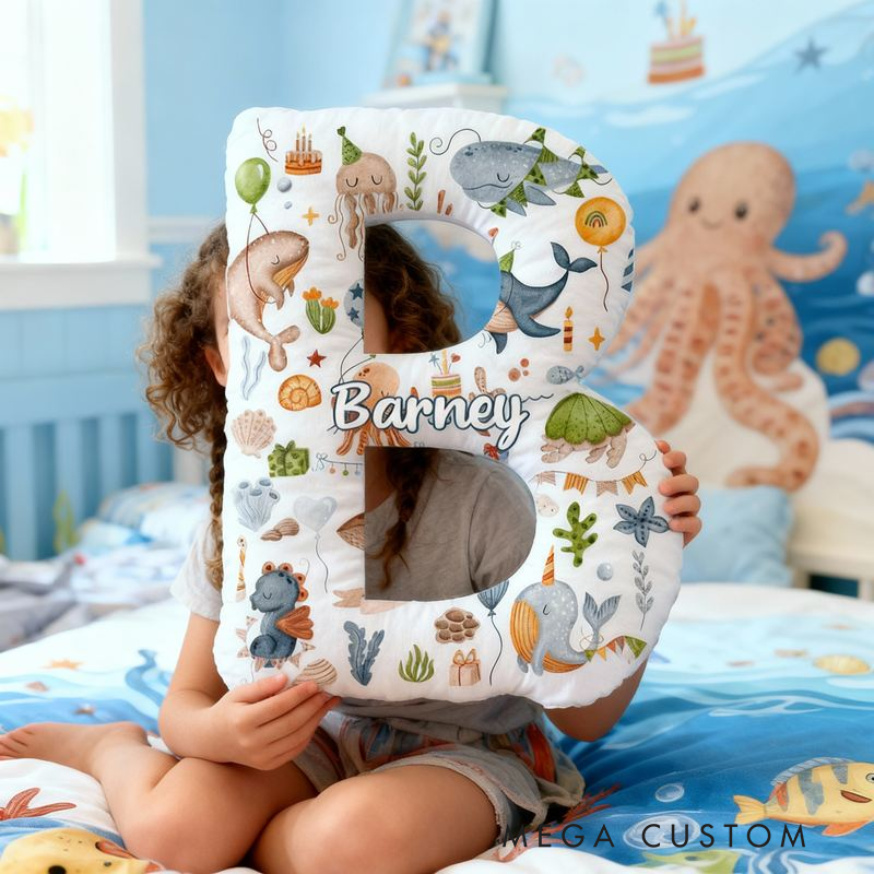 Personalized Ocean Letter Cushion With Whales Turtles And Sea Creatures Graphic 3D Print Pillow