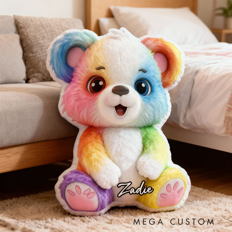Personalized Cute Cartoon Rainbow Bear with Name Graphic 3D Print Pillow Christmas Gift for Kids or Baby Birthday Gift