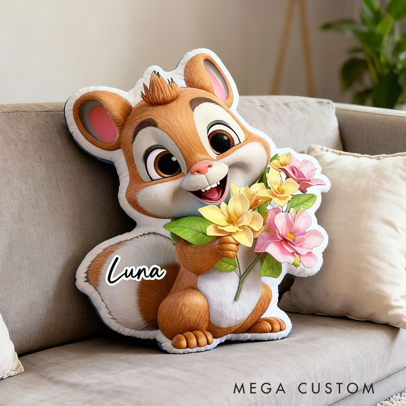 Personalized Cute Chipmunk Cushion Holding Flowers For Girls Bedroom Graphic 3D Print Pillow