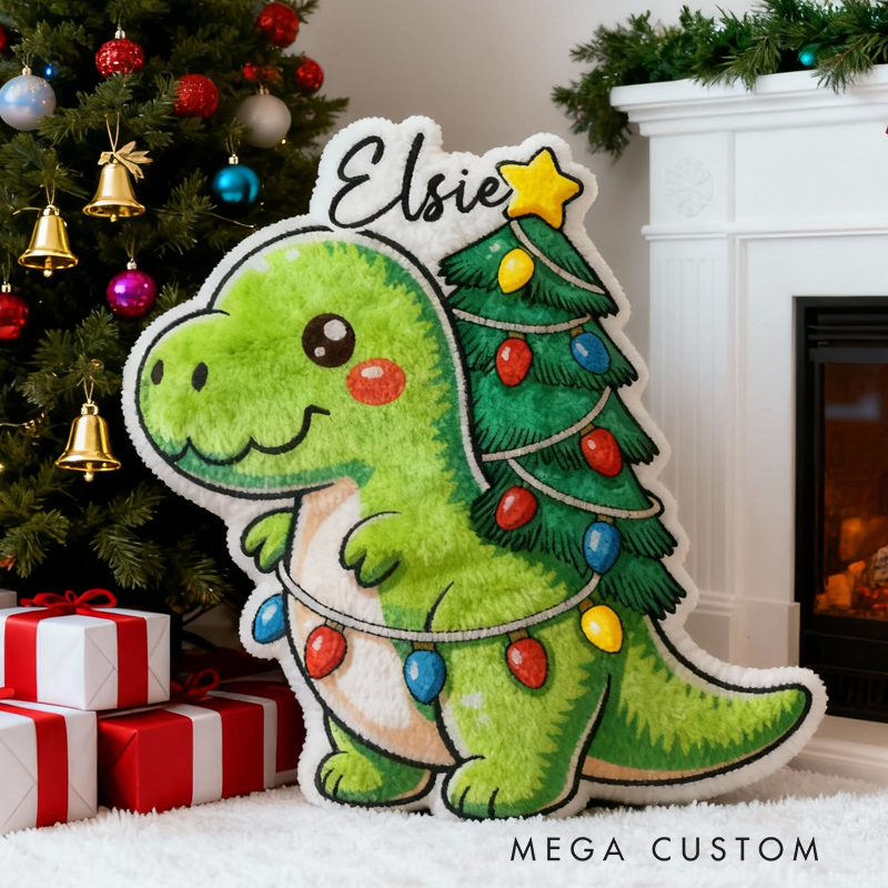 Personalized Christmas Dinosaur Cushion With Tree Lights Holiday Decor Graphic 3D Print Pillow