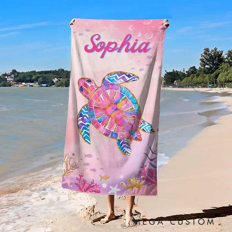 Personalized Watercolor Ocean Animals Oversized Quick Dry Beach Towel with Name Summer Vacation Accessory Birthday Gift for Family Friends