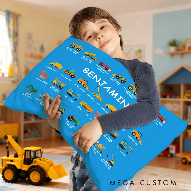 Personalized Construction Truck Excavator Bulldozer Throw Pillow Cover with Name Home Decor Christmas Birthday Gift for Boys Truck Lovers