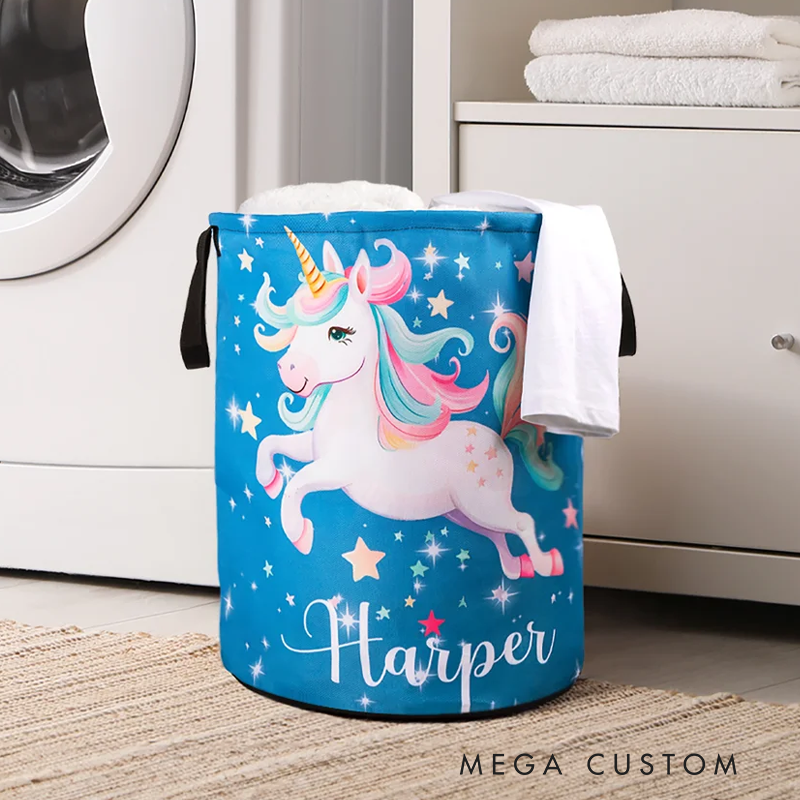 Personalized Dream Horse Name Large Toy Laundry Basket with Handle Waterproof Nursery Decoration Housewarming Gift for Kids