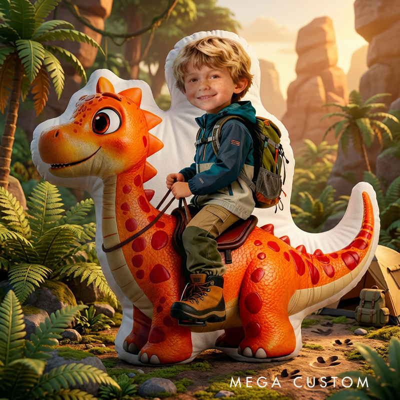 Personalized Face Portrait Pillow with Dinosaur Pattern with Name Graphic 3D Print Pillow Christmas Gift for Kids or Baby Birthday Gift