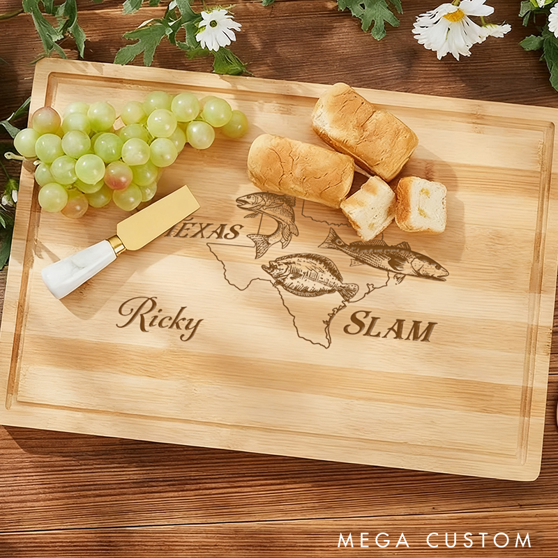 Personalized Bamboo Cutting Board Texas Slam Fishing Design Custom Name Redfish Trout and Flounder Perfect Gift for Anglers and Outdoor Lovers