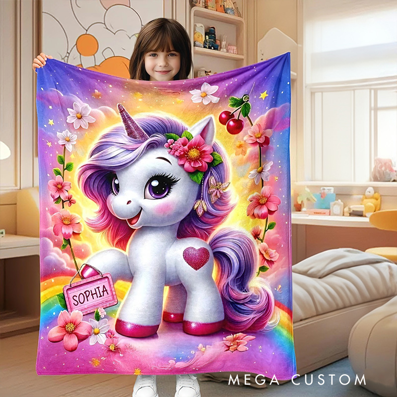 Personalized Cute Dream Horse Blanket With Rainbow And Heart For Girls Bedroom Blanket