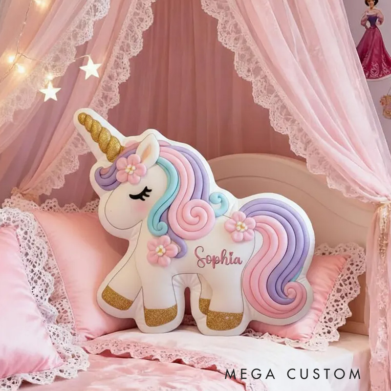 Personalized Cute Dreamy Horse Cushion With Rainbow Mane And Gold Horn For Girls Graphic 3D Print Pillow