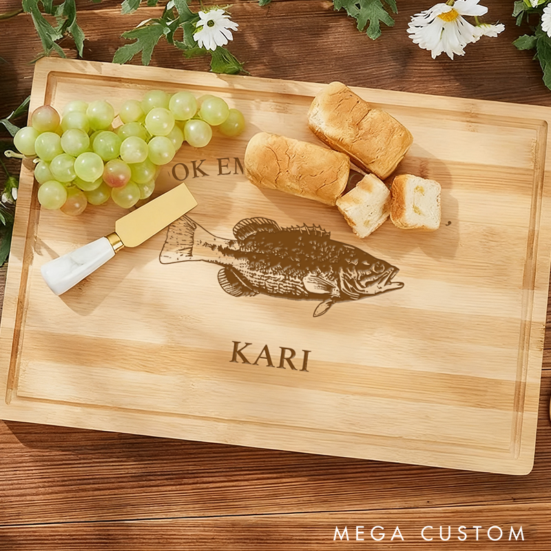 Personalized Bamboo Cutting Board Hook Em and Cook Em Design Custom Name Perfect Gift for Fishing Enthusiasts and Kitchen Lovers