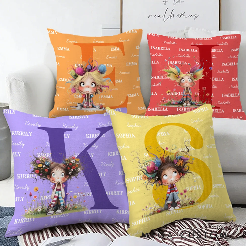 Personalized Multicolor Cute Cartoon Quirky Girl Soft Throw Pillow Cover with Name and Initial Home Decor Birthday Children's Day Gift for Girls