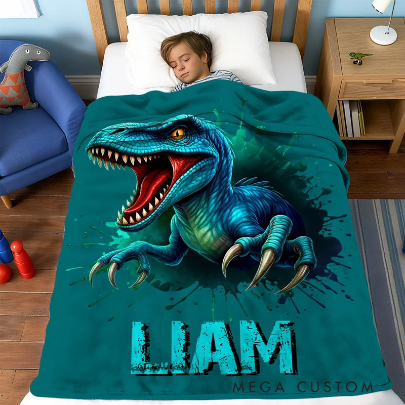 Personalized Cool Dinosaur Multicolor Cozy Throw Blanket with Name Home Decor Holiday Birthday Gift for Boys Girls Dinosaur Lovers