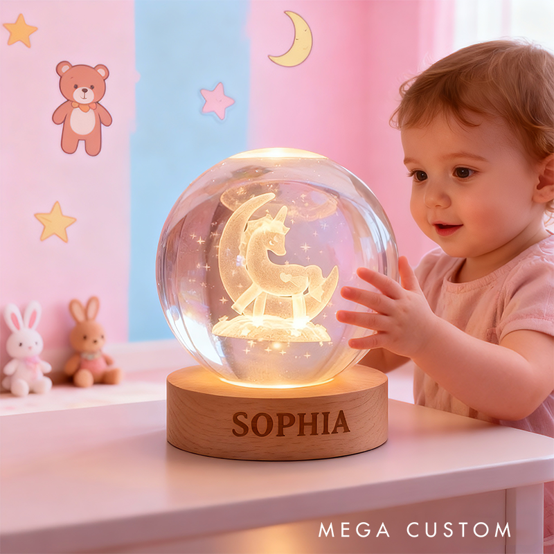 Personalized Moon And Dream Horse Night Light With Soft Glow For Kids Bedroom 3D Spherical Crystal Lamp