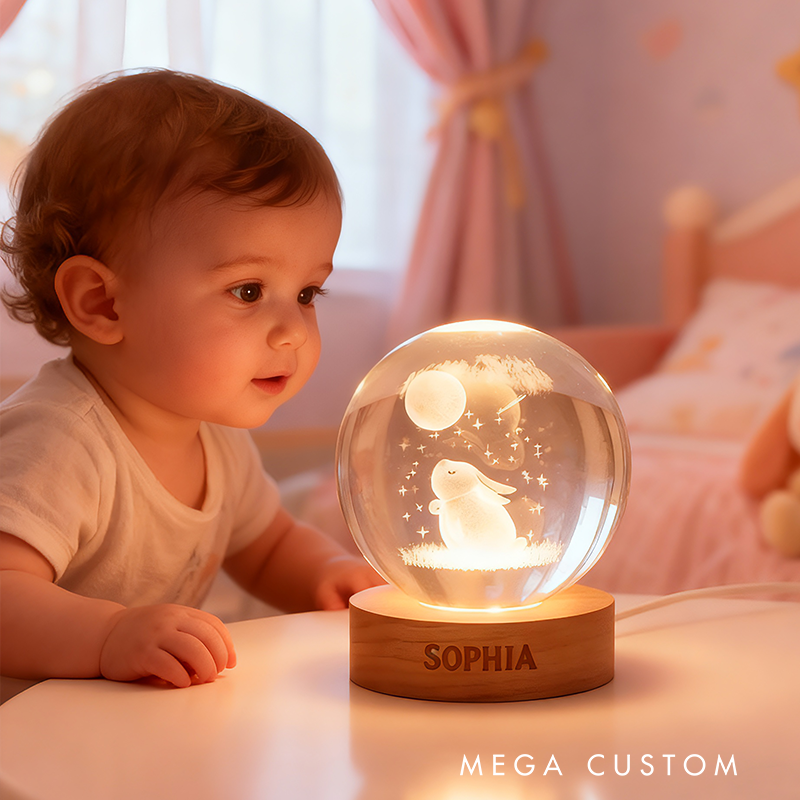 Personalized Adorable Rabbit Under Moon Lamp Creating Cozy Bedtime Glow 3D Spherical Crystal Lamp