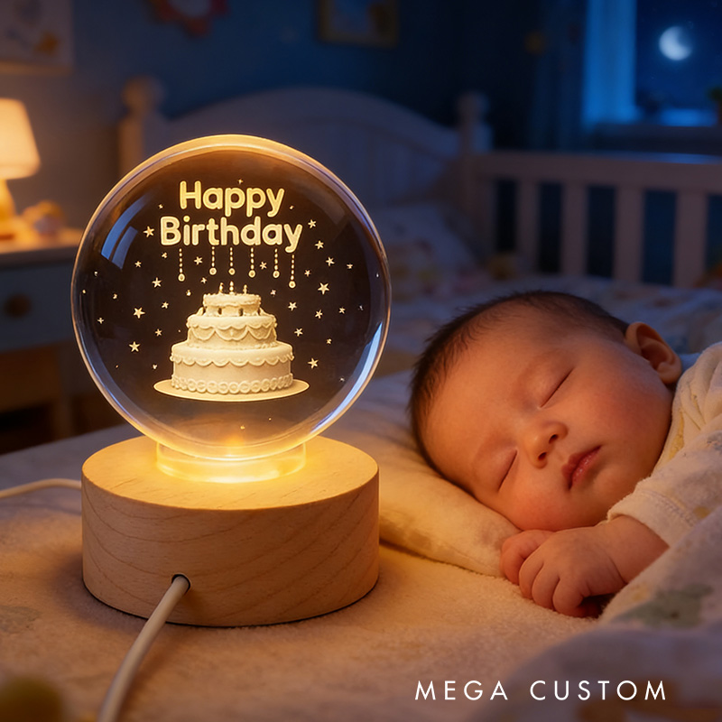 Personalized Happy Birthday Cake Night Light With Warm Glow For Celebration 3D Spherical Crystal Lamp