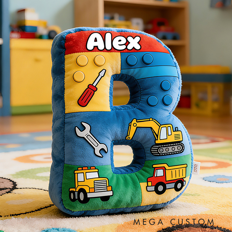 Personalized Colorful Alphabet Pillow With Diggers And Wrenches Design Graphic 3D Print Pillow