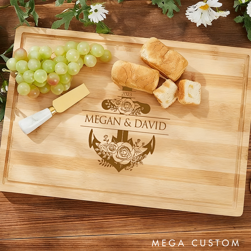 Personalized Bamboo Cutting Board with Anchor Design Custom Names and Time Perfect Gift for Fishing Lovers Nautical Decor or Special Occasions