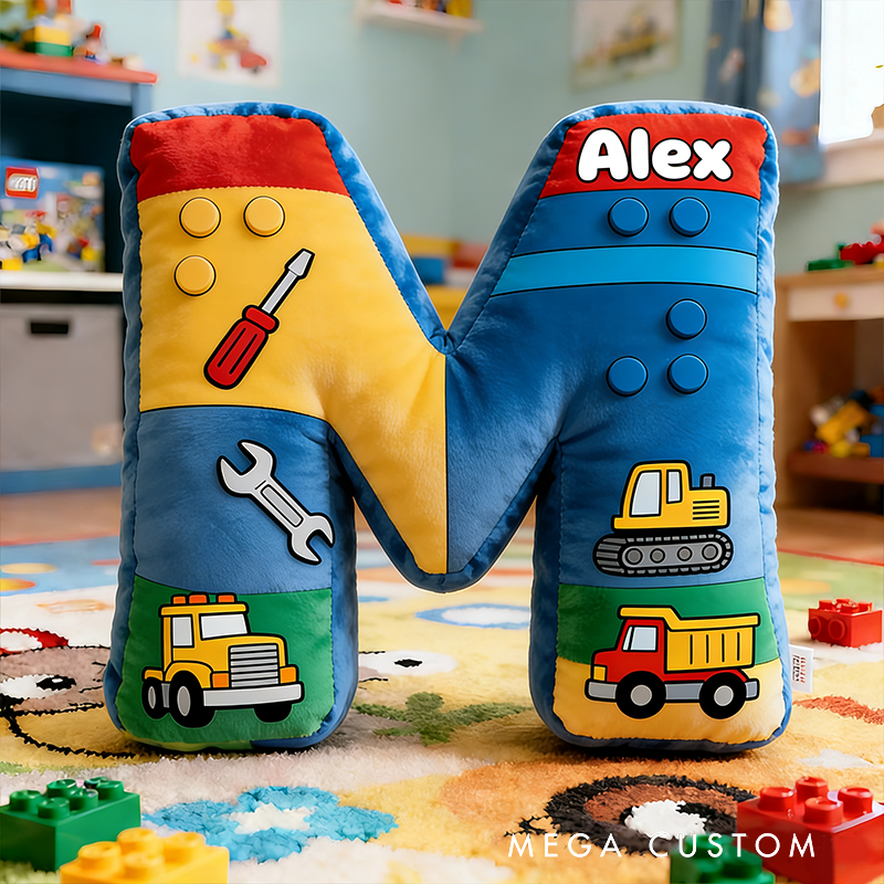 Personalized Colorful Alphabet Pillow With Diggers And Wrenches Design Graphic 3D Print Pillow