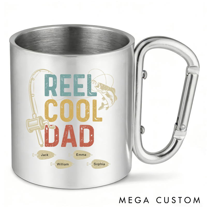 Personalized Fishing Mug Stainless Steel Cup with Carabiner Handle Custom Names Perfect Gift for Fishing Enthusiast Dads Grandpas