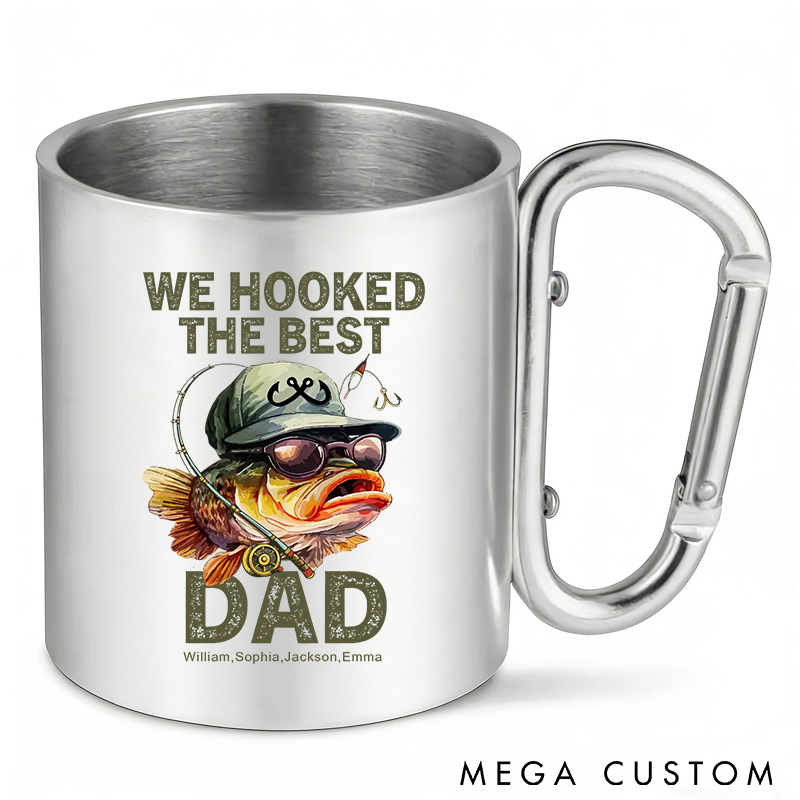 Personalized Stainless Steel Cup Funny Fishing Mug with Carabiner Handle Custom Names Perfect Gift for Fishing Enthusiast Dads Grandpas