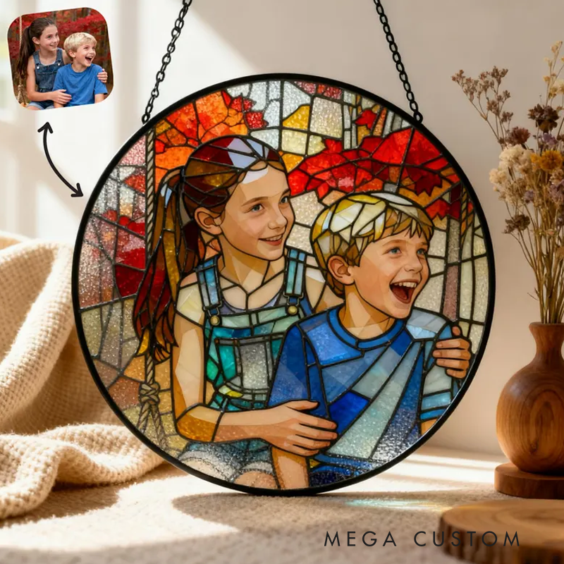 Personalized Stained Glass Portrait Ornament Christmas Suncatcher Kids Photo Gift Holiday Keepsake
