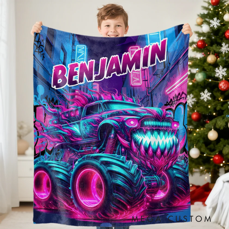 Personalized Monster Neon Truck Soft Throw Blanket with Name Home Decor Birthday Gift for Boys Truck Lovers