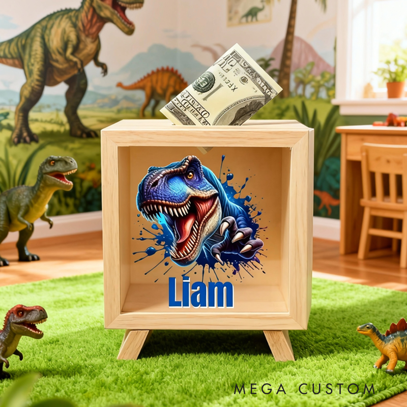 Personalised Ink-Splashed Dinosaur Wooden Clear Piggy Money Box with Name Birthday Gift for Kids Dinosaur Lovers