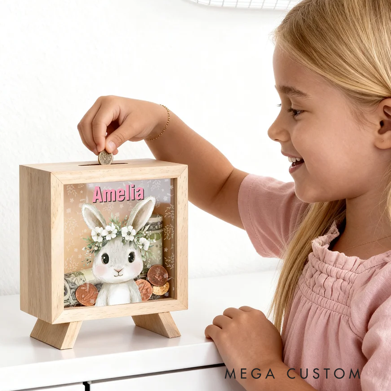 Personalised Cute Flower Wreath Animals Wooden Money Box Piggy Bank with Name Back to School Birthday Gift for Kids