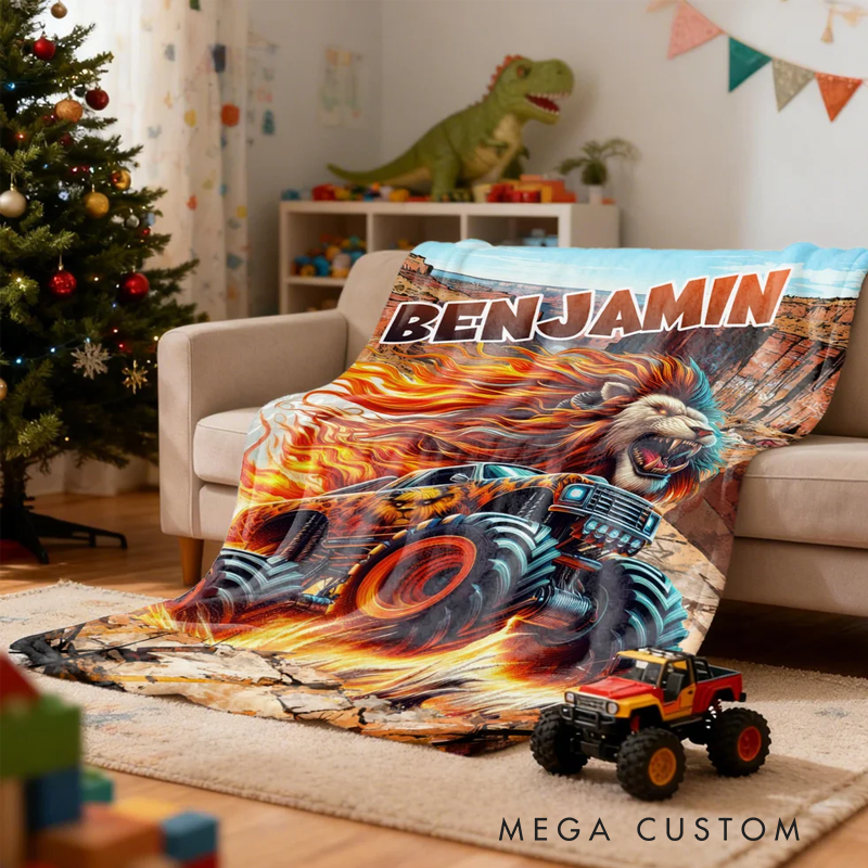 Personalized Monster Cheetah Lion Dinosaur Truck Soft Throw Blanket with Name Birthday Gift for Boys Kids Babies Truck Lovers