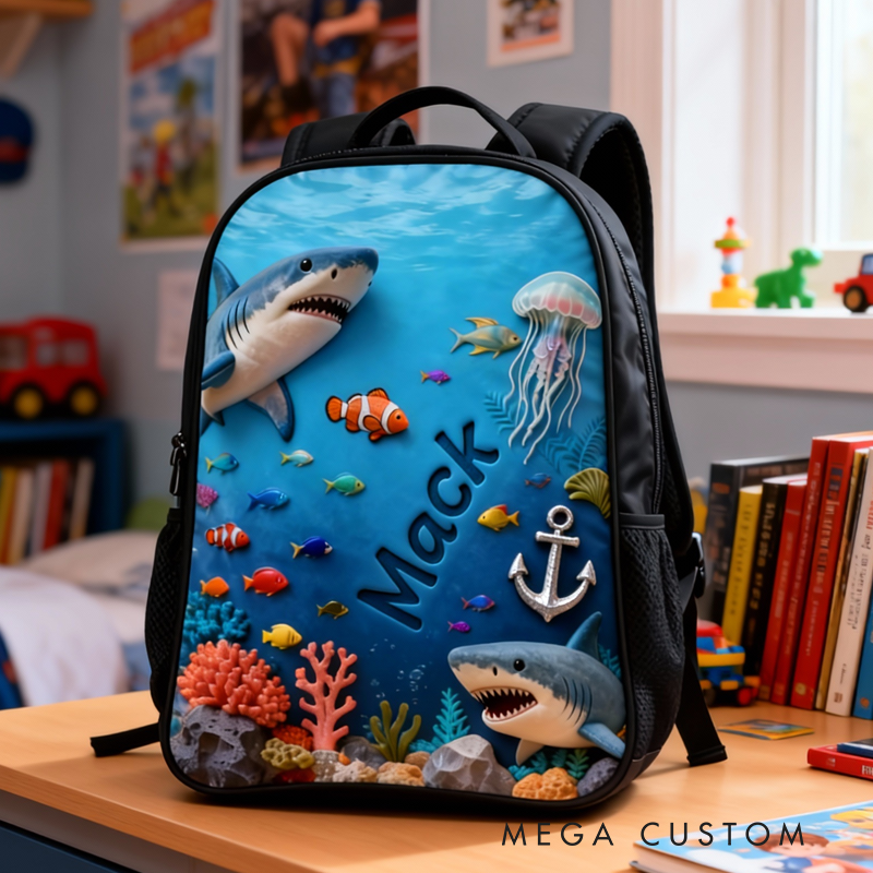Personalized Underwater World Design and Custom Name for Kids Black to School Gift 