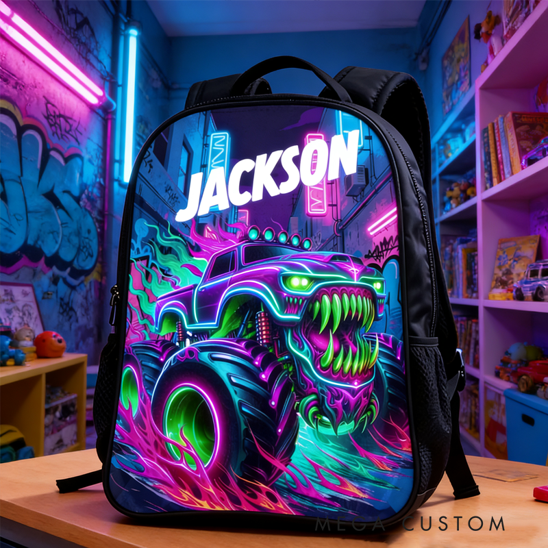 Personalized Monster Neon Truck Design and Custom Name for Kids Black to School Gift 
