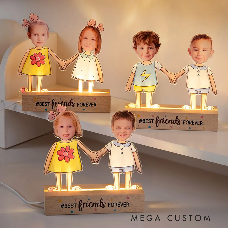 Personalized Kid Photos Best Friends Forever LED Night Light with Wooden Base Home Decor Friendship Birthday Gift for Boys Girls