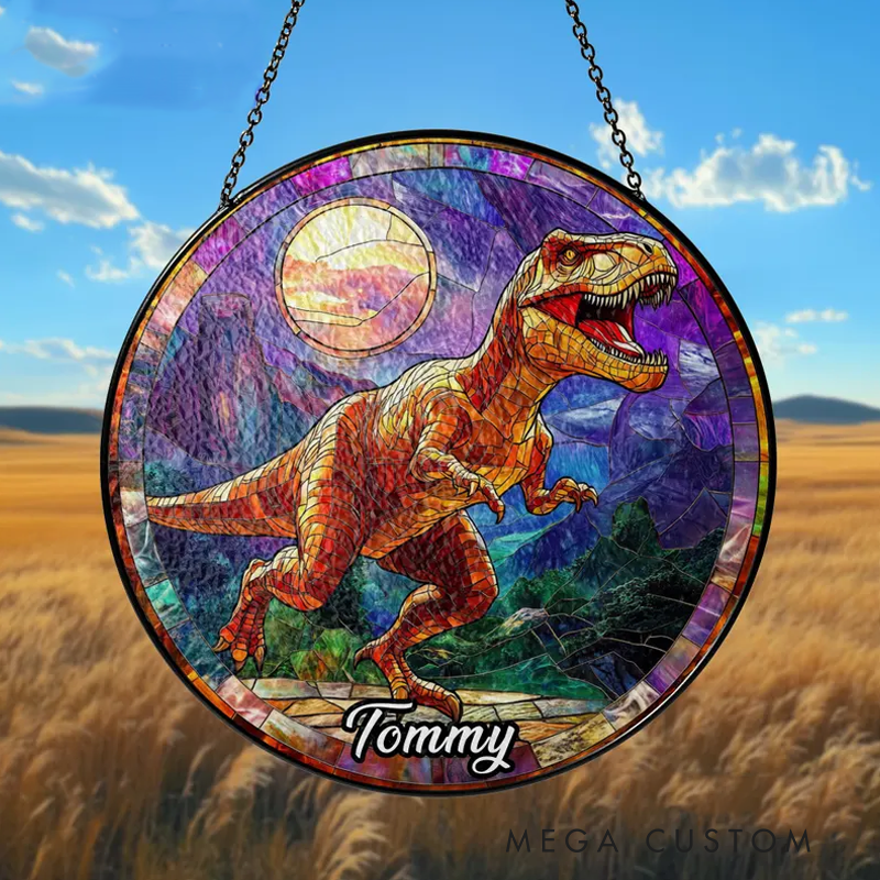 Personalized Dinosaur Name Stained Glass Suncatcher Custom Dinosaur Window Hanging Handmade Jurassic Sun Catcher Gift for Him