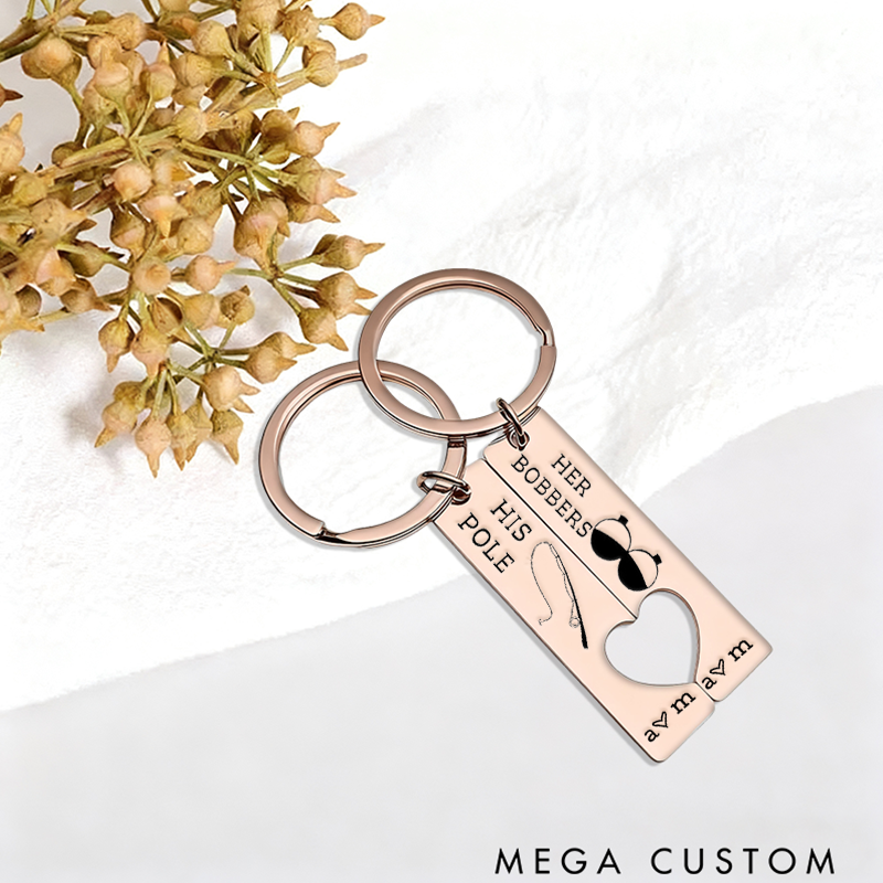 Personalized Fishing Keychain Set with Funny Design Custom Initials Romantic Gift for Couples and Fishing Lovers