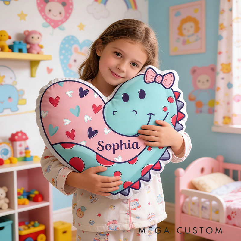 Personalized Adorable Dino And Heart Custom Name Plush Toy For Girls Bedroom Graphic 3D Print Pillow Valentine's Day Gift