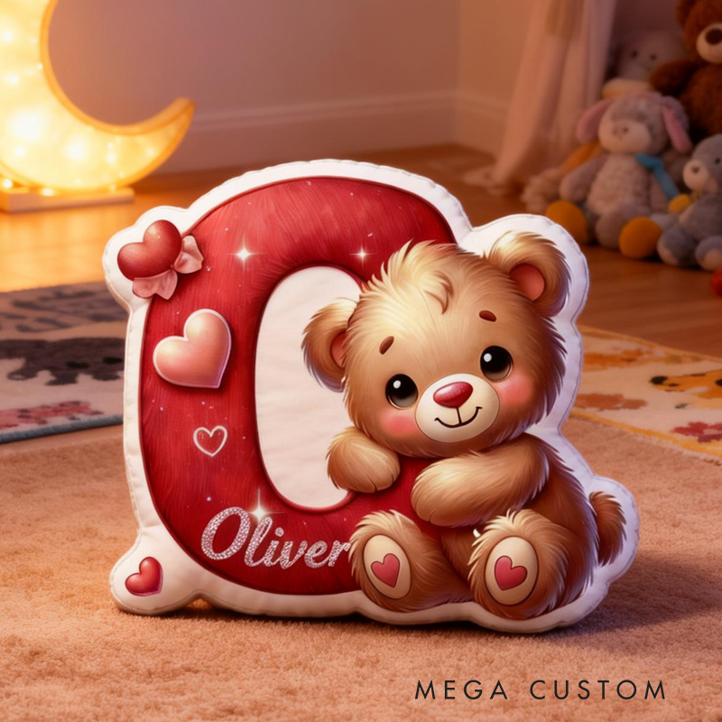 Personalized Cute Romantic Heart Cartoon Bear Initial with Name Graphic 3D Print Pillow Valentine's Day Gifts Funny Gifts