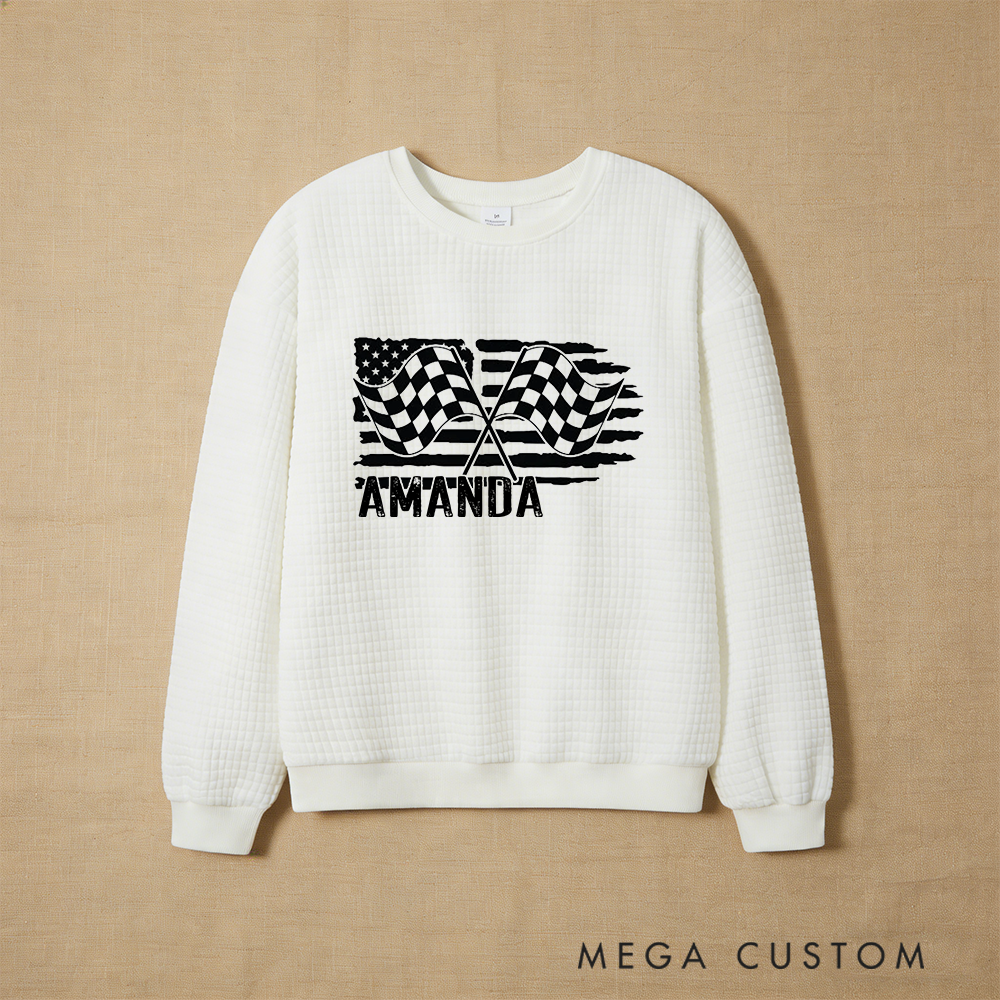 Personalized Waffle Knit Sweatshirt for Racing Lovers with Custom Name and Flag Design Gift