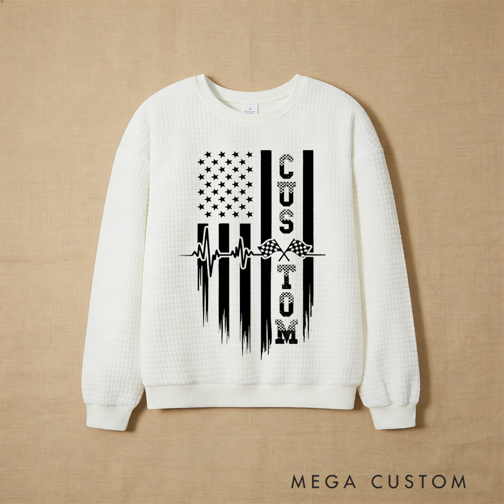Personalized Waffle Knit Sweatshirt for Racing Enthusiasts with Custom Flag and Heartbeat Design Gift