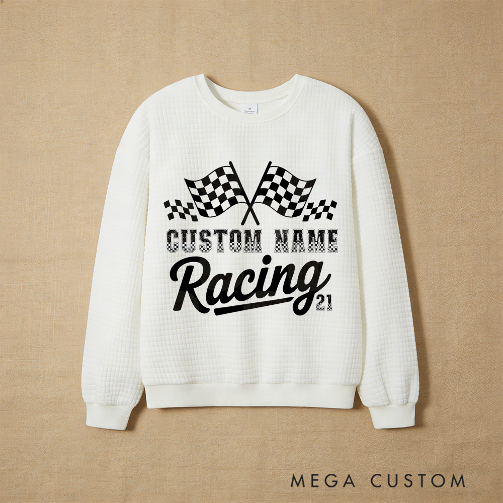Personalized Waffle Knit Sweatshirt for Racing Fans with Custom Name and Checkered Flag Design Gift