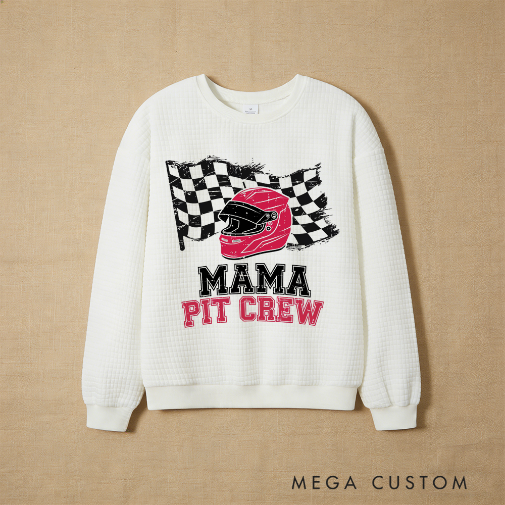 Personalized Waffle Knit Sweatshirt for Racing Moms with Custom Mama Pit Crew Helmet Design Gift