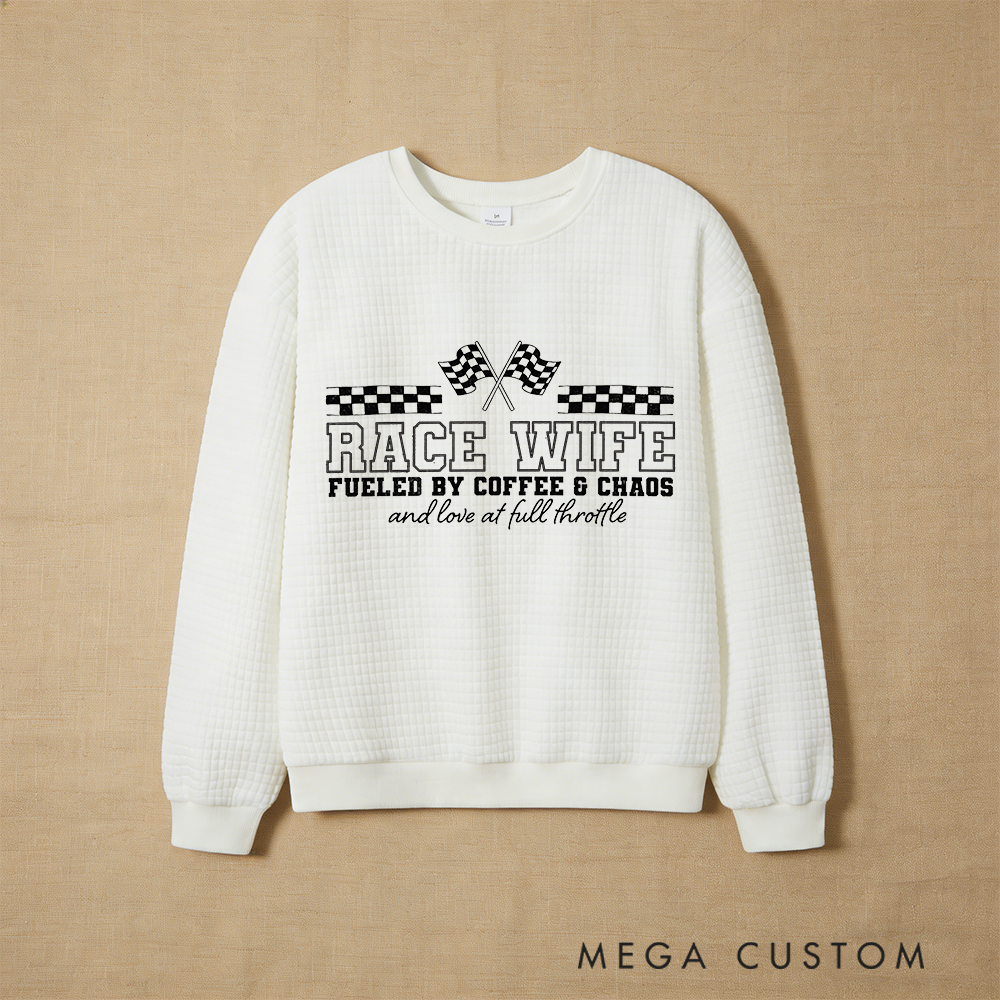 Personalized Waffle Knit Sweatshirt for Racing Wives with Custom Race Wife Coffee and Chaos Design Gift